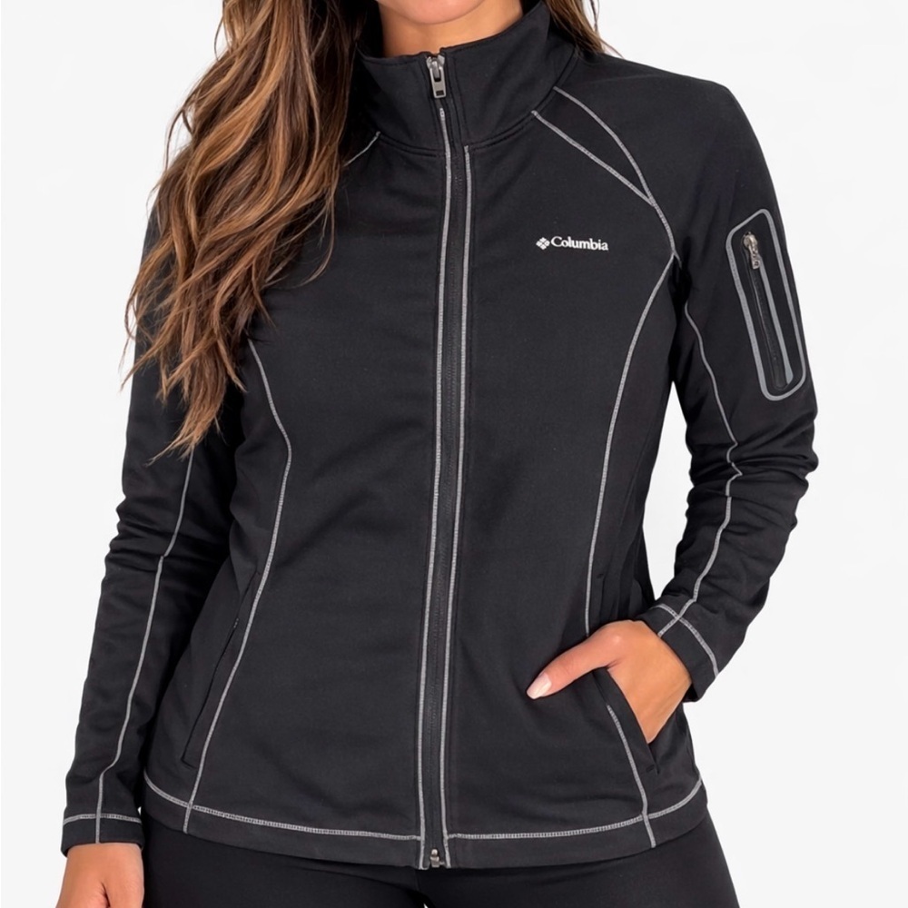 Columbia Omni Wick full zip jacket women's black pockets SZ SM stretch active